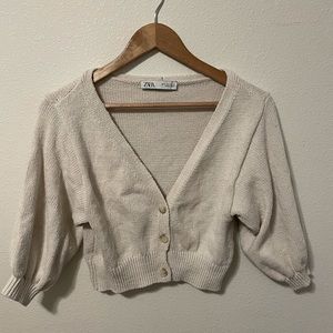 Zara Womens Nude Knit Cropped Lightweight Half Sleeve Button Up Cardigan S Small